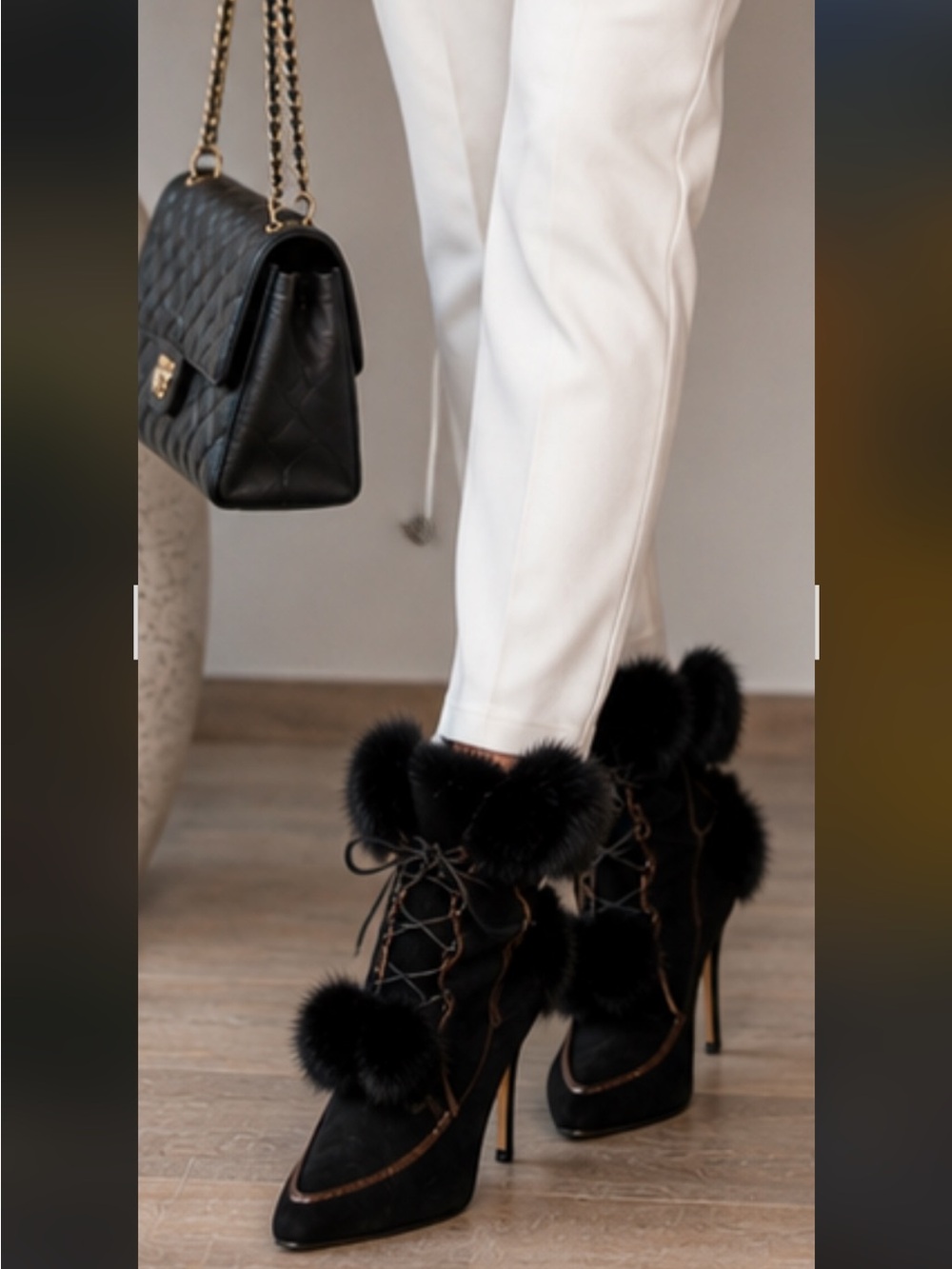 Black Faux Fur Lace-Up Stiletto Ankle Boots